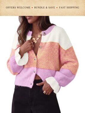 Women's Striped Button Front Knit Cardigan Long Sleeve Crew Neck Sweater